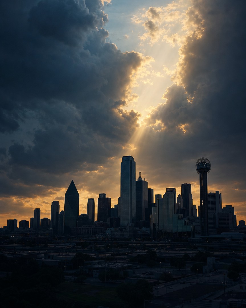 Storm clouds parting over the Dallas, Texas downtown skyline at dusk, golden light breaking through